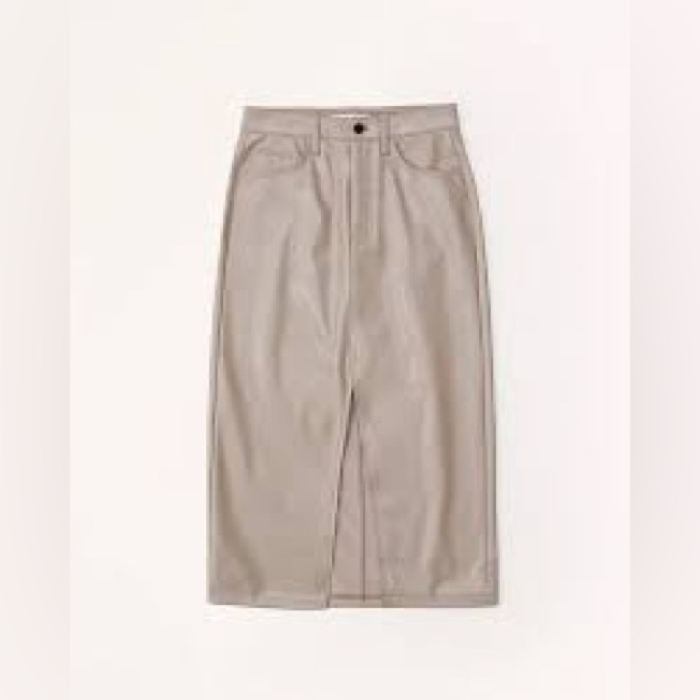 Abercrombie & Fitch Vegan Leather Midi Skirt with slit in Taupe Waist 28